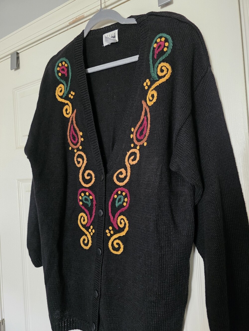 Vintage Cardigan Sweater Womens M Black Paisley Embroidered 90s Grunge